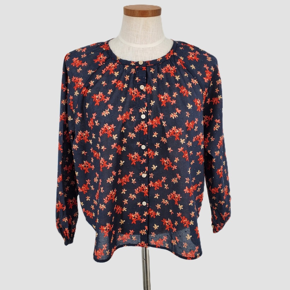 Outerknown Folk‎ Top Women XS Navy Blue Red Floral Organic Cotton Button Front